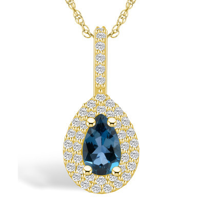 London Blue Topaz (1 Ct. T.W.) and Diamond (3/8 Ct. T.W.) Halo Pendant Necklace in 14K Yellow Gold