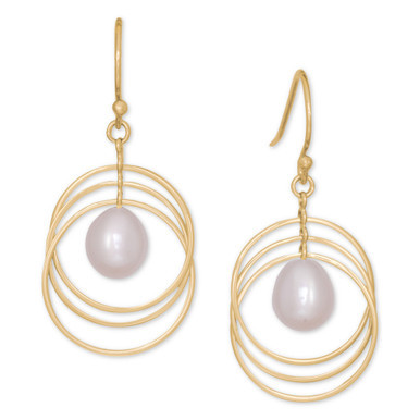 Cultured Freshwater Pearl (7-1/2x8mm ) Triple Circle Orbit Drop Earrings in 18k Gold-Plated Sterling Silver