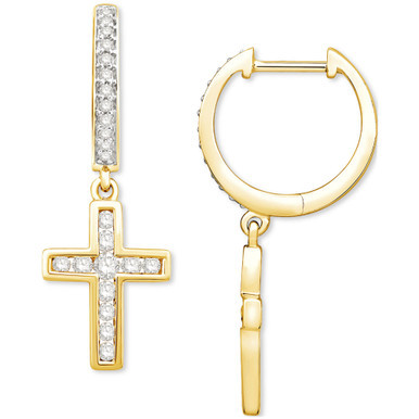 Diamond Dangle Cross Hoop Earrings (1/2 ct. tw.) in 14k Yellow Gold