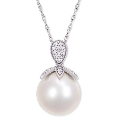 Cultured Freshwater Pearl (11mm) & Diamond (1/10 ct. t.w.) 17" Pendant Necklace in 10k White Gold