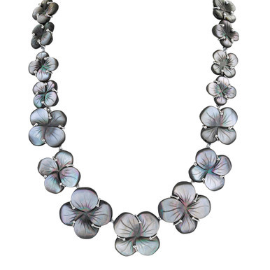 Black Mother-of-Pearl Flower Collar Necklace, 16-1/2" + 3" extender