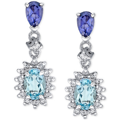 Aquamarine (3/4 ct. t.w.), Iolite (3/8 ct. t.w.), & Diamond (1/3 ct. t.w.) Halo Drop Earrings in 14k White Gold