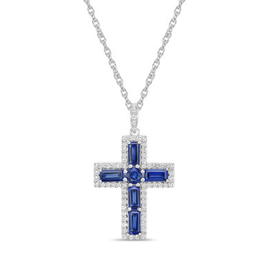 Sterling Silver Halo Birthstone Style Created Blue Sapphire and Created White Sapphire Fancy Cut Cross Pendant Necklace