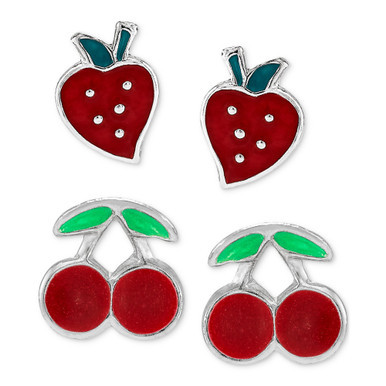 Children's 2-Pc. Set Enamel Strawberry & Cherry Stud Earrings in Sterling Silver