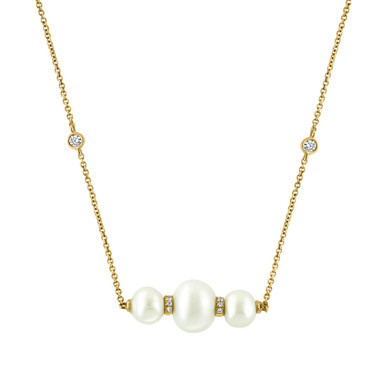 EFFY® Cultured Freshwater Pearl (8mm) & Diamond (1/10 ct. t.w.) Bar Pendant Necklace in 14k Gold, 18" + 1-1/2" extender