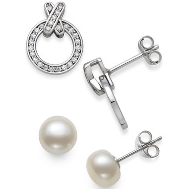 2-Pc. Set Cultured Freshwater Pearl (8mm) & Cubic Zirconia XO Stud Earrings in Sterling Silver