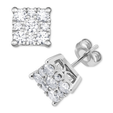 Diamond Square Cluster Stud Earrings (1 ct. t.w.) in 14k White Gold