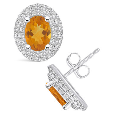 Citrine (1-5/8 ct. t.w.) and Diamond (1/2 ct. t.w.) Halo Stud Earrings in 14K White Gold