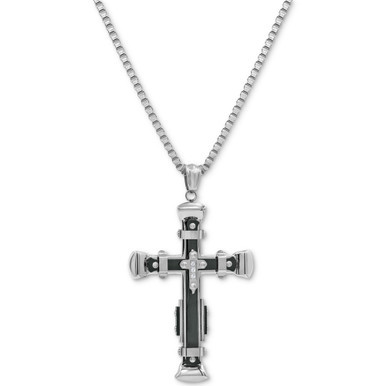 Men's Cubic Zirconia Two-Tone Cross 24" Pendant Necklace in Stainless Steel & Black Ion-Plate