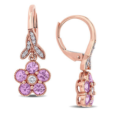 Pink Sapphire (1-1/4 ct. t.w.) & Diamond (1/7 ct. t.w.) Flower Drop Earrings in 10k Rose Gold