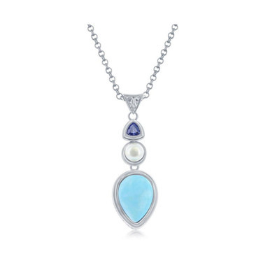 Sterling Silver Pearshaped Larimar with FWP and Tanzanite CZ Necklace