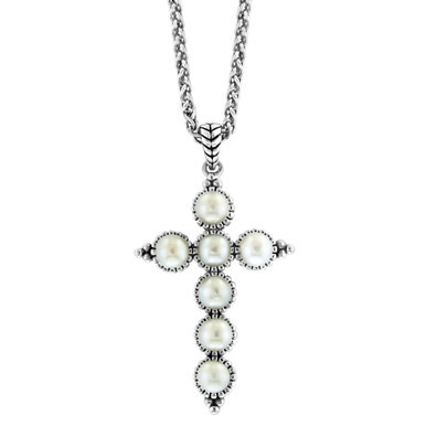EFFY® Cultured Freshwater Pearl (4mm) Cross 18" Pendant Necklace in Sterling Silver