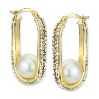 Cultured Freshwater Pearl (8mm) Oval Hoop Earrings in 14k Two-Tone Gold