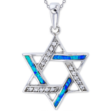 Lab-Created Blue Opal & Cubic Zirconia Star of David 18" Pendant Necklace in Sterling Silver