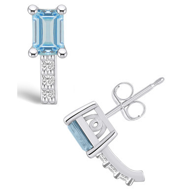 Aquamarine (1 ct. t.w.) and Diamond (1/8 ct. t.w.) Stud Earrings in 14K White Gold
