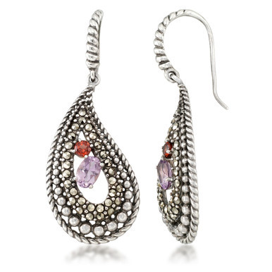 Amethyst (5/8 ct. t.w.), Garnet (1/4 ct. t.w) & Marcasite Paisley Earrings in Sterling Silver