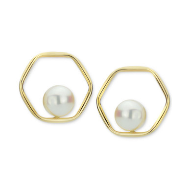 Cultured Freshwater Pearl (8mm) Hexagon Stud Earrings in 14k Gold