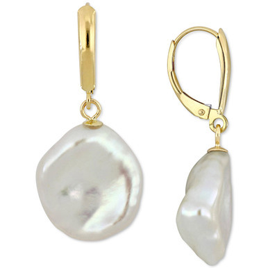 Cultured Freshwater Coin Pearl (16mm) Leverback Drop Earrings in 14k Gold
