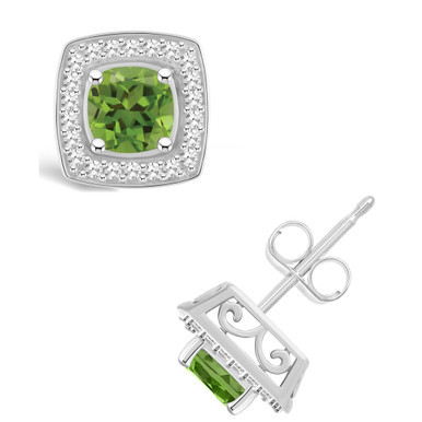 Peridot (1-1/3 ct. t.w.) and Diamond (1/5 ct. t.w.) Halo Studs in Sterling Silver