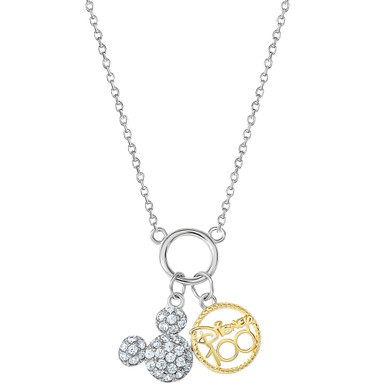 Cubic Zirconia Mickey Mouse & Disney 100 Pendant Necklace 18" in Sterling Silver & 18k Gold-Plate