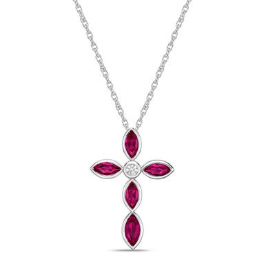 Sterling Silver Simple 1 5/8 (ct. t. w.) Created Red Ruby and Created White Sapphire Marquise Bezel Set Cross Pendant Necklace