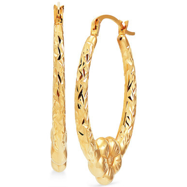Textured Flower Oval Hoop Earrings in 14k Gold