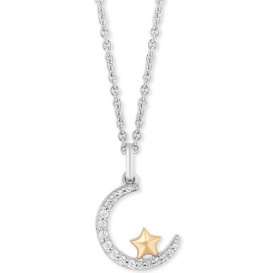 Enchanted Disney Diamond Crescent Moon & Star Jasmine Pendant Necklace (1/10 ct. t.w.) in Sterling Silver & 14k Gold, 16" + 2" extender