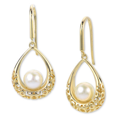 Cultured Freshwater Pearl (6mm) Textured Teardrop Drop Earrings in 14k Gold-Plated Sterling Silver