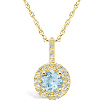 Aquamarine (1-1/4 Ct. T.W.) and Diamond (3/8 Ct. T.W.) Halo Pendant Necklace in 14K Yellow Gold