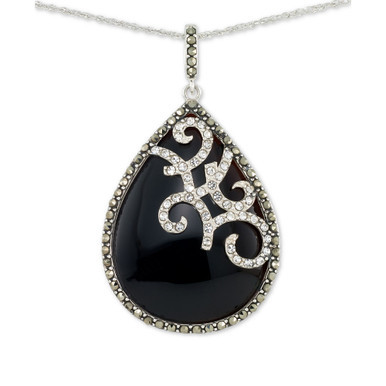 Onyx (27 x 96mm), Marcasite & Crystal Teardrop 18" Pendant Necklace in Sterling Silver
