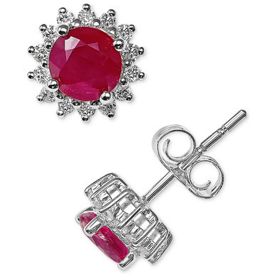 Ruby (1-1/5 ct. t.w.) & Diamond (1/6 ct. t.w.) Halo Stud Earrings in 14k White Gold