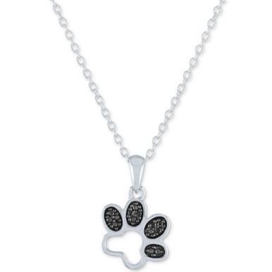 Black Diamond Accent Paw Print Pendant Necklace in Sterling Silver, 16" + 2" extender