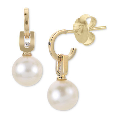 Cultured Freshwater Pearl (6mm) & Diamond Accent Drop Earrings in 10k Gold