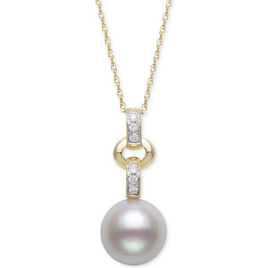 Cultured Freshwater Pearl (8mm) & Diamond (1/20 ct. t.w.) 18" Pendant Necklace in 14k Gold