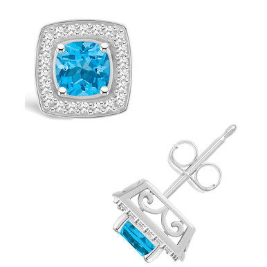 Blue Topaz (1-1/2 ct. t.w.) and Diamond (1/5 ct. t.w.) Halo Studs in Sterling Silver