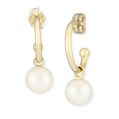 Pearl (6 mm) Drop Hoop Earrings Set in 14k Yellow Gold