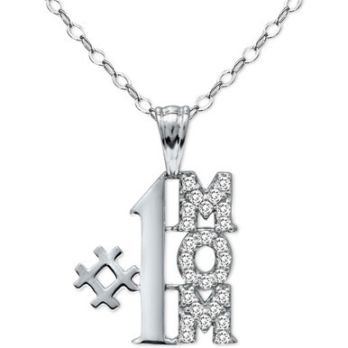 Cubic Zirconia "#1 Mom" Pendant Necklace in Sterling Silver, 16" + 2" extender, Created for Macy's