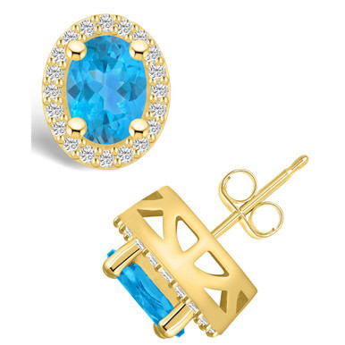 Topaz (3-1/5 ct. t.w.) and Diamond (3/8 ct. t.w.) Halo Stud Earrings in 14K Yellow Gold