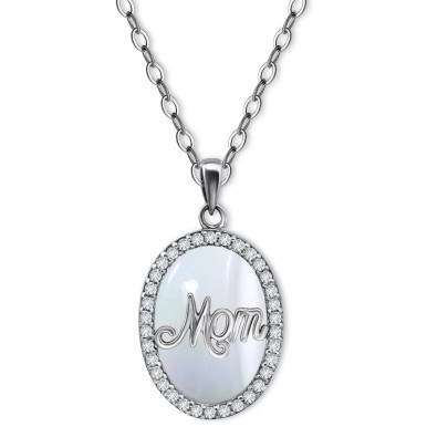Cubic Zirconia & Mother of Pearl Oval "Mom" Halo Pendant Necklace, 16" + 2" extender, Created for Macy's