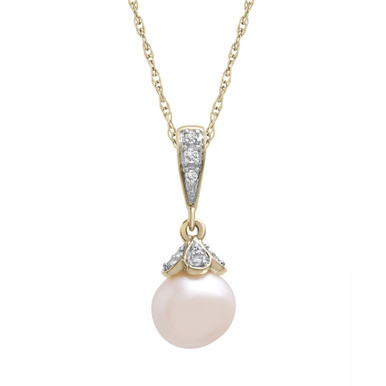 Cultured Freshwater Pearl with Diamond Dangling Pendant Necklace in 14K Yellow Gold