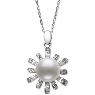 Cultured Freshwater Button Pearl (8mm) & Diamond Accent Sunburst 18" Pendant Necklace in Sterling Silver