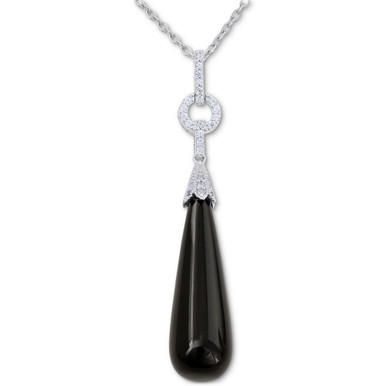 Black Agate & Cubic Zirconia 18" Pendant Necklace in Sterling Silver