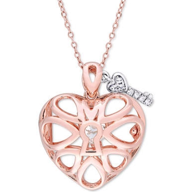 White Topaz Heart Lock & Key 18" Pendant Necklace in Sterling Silver & 18k Rose Gold-Plate