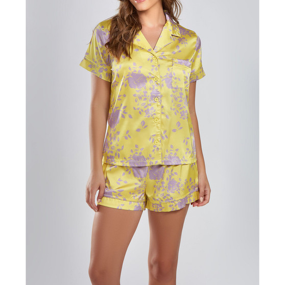 Women's Satin Print 2 Piece Notched Short Sleeve and Shorts Pajama Set