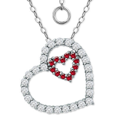 Lab-Created Ruby & Cubic Zirconia Heart-in-Heart Pendant Necklace in Sterling Silver, 16" + 2" extender, Created for Macy's