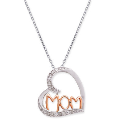 Diamond Mom Heart 18" Pendant Necklace (1/10 ct. t.w.) in Sterling Silver & 18k Rose Gold-Plate