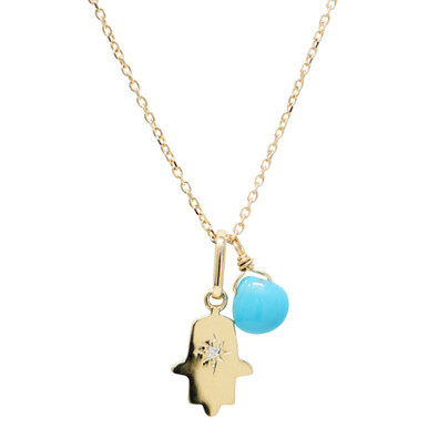 Diamond Accent & Sleeping Beauty Turquoise Hamsa Hand Two Charm Pendant Necklace in 14k Gold, 16" + 1" extender