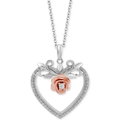 Diamond Belle Rose & Heart Pendant Necklace (1/6 ct. t.w.) in Sterling Silver & 14K Rose Gold-Plate, 16" + 2" extender