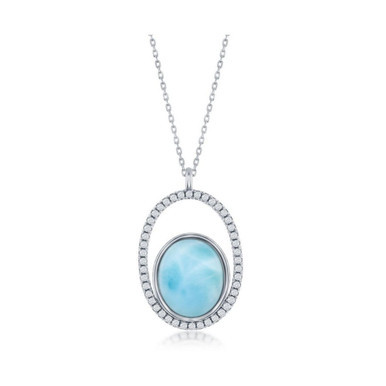 Sterling Silver Oval Larimar with CZ Necklace