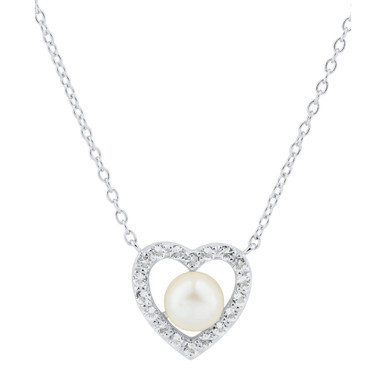 Cultured Freshwater Pearl (5-1/2mm) & White Topaz (1/3 ct. t.w.) Heart 18" Pendant Necklace in Sterling Silver